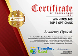 Eyeglasses Winnipeg Academy Optical | Certificate Of Excellence for 2021